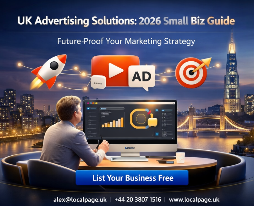 Premium 3D minimalist London city skyline at dawn with glowing connection lines and smiling owner using growth hub, representing future-proof UK advertising solutions on LocalPage.