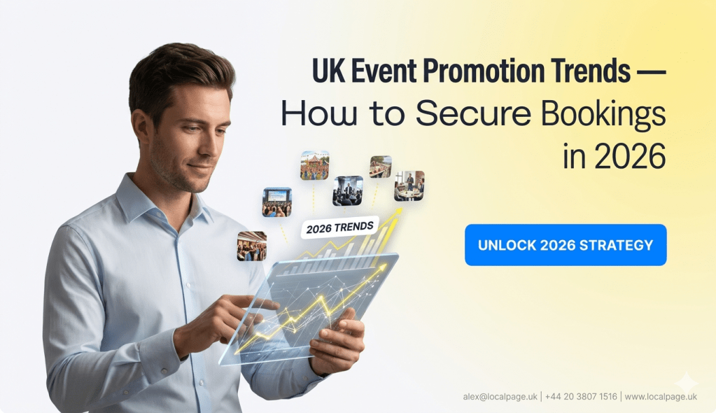 Hero image showing UK event promotion with glowing yellow network lines, event icons, and blue CTA button.